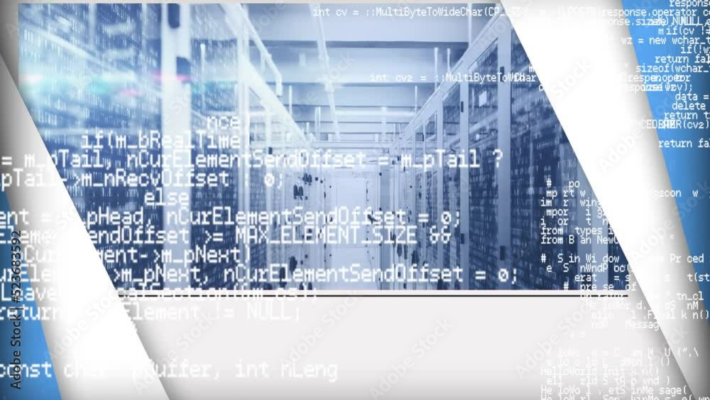 Animation of data processing and mosaic squares against computer server room Animation of data processing and mosaic squares against computer server room