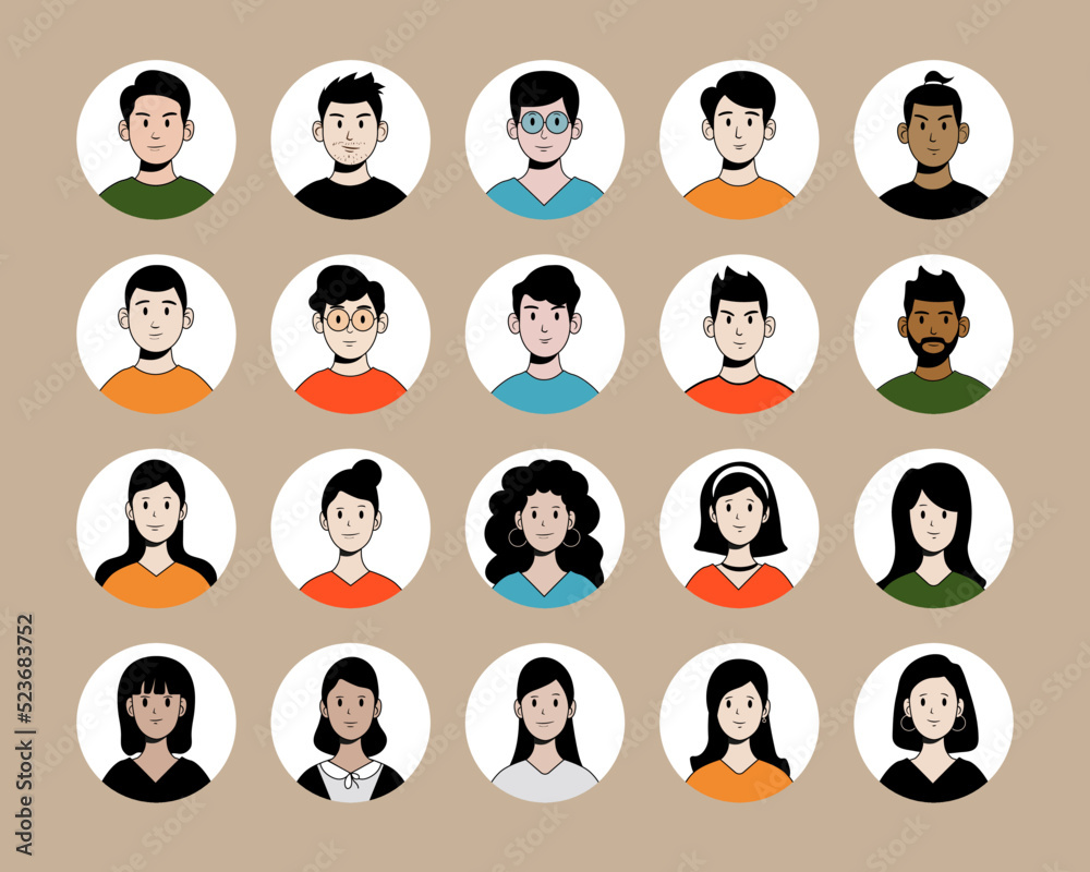 Bundle of different people avatars. Male and female characters faces avatar collections. color style
Bundle of different people avatars. Male and female characters faces avatar collections. color style