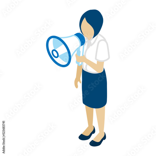 Business woman who wearing short sleeves shirt holding a loudspeaker - isometric view