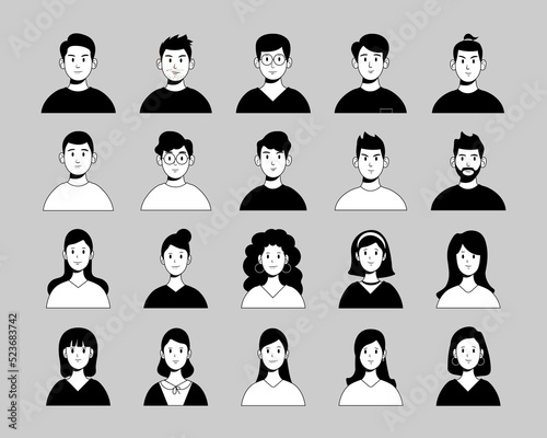 Bundle of different people avatars. Male and female characters faces avatar collections. black line style
