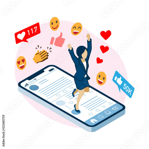 Business woman become popular on social media - isometric view