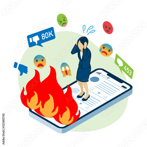 Business woman got flamed on social media - isometric view