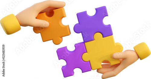 3d human hands with jigsaw puzzle pieces. Concept of business problems, partnership, development, cooperation and teamwork. 3d high quality isolated render.