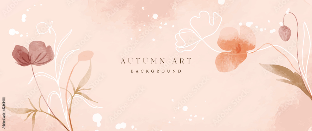 Autumn floral in watercolor vector background. Abstract wallpaper design with wildflower, line art, flowers. Minimal botanical in fall season illustration suitable for fabric, prints, cover. 