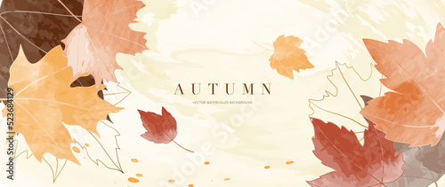 Autumn foliage in watercolor vector background. Abstract wallpaper design with maple, leaf branch, line art. Elegant botanical in fall season illustration suitable for fabric, prints, cover.  photo