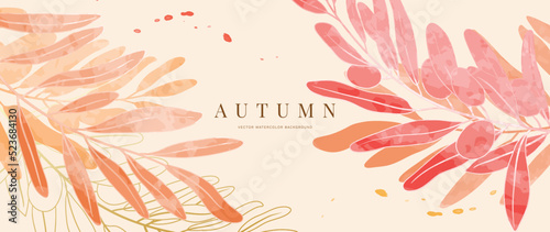 Autumn foliage in watercolor vector background. Abstract wallpaper design with leaf branch, olive tree, line art. Elegant botanical in fall season illustration suitable for fabric, prints, cover. 