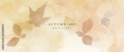 Autumn foliage in watercolor vector background. Abstract wallpaper design with maple, leaf branch, line art. Elegant botanical in fall season illustration suitable for fabric, prints, cover. 