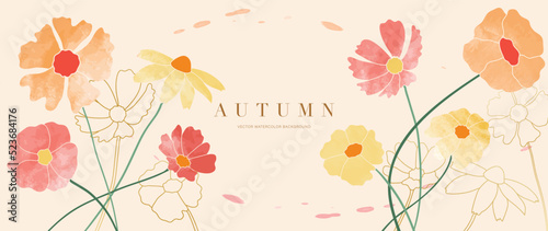 Autumn floral in watercolor vector background. Abstract wallpaper design with garden, flowers, wildflowers. Elegant botanical in fall season illustration suitable for fabric, prints, cover. 