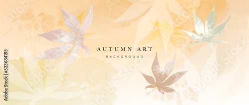 Autumn foliage in watercolor vector background. Abstract wallpaper design with maple, leaf branch, line art. Elegant botanical in fall season illustration suitable for fabric, prints, cover. 