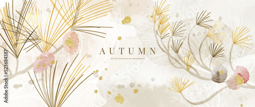 Autumn foliage in watercolor vector background. Abstract wallpaper design with leaf branch, pine tree, pine fruit. Elegant botanical in fall season illustration suitable for fabric, prints, cover.