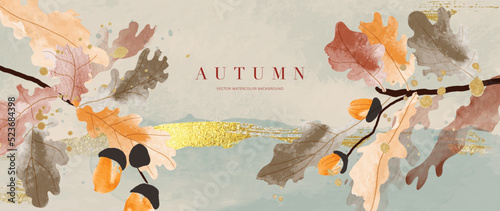 Autumn foliage in watercolor vector background. Abstract wallpaper design with leaf branch, oak, trees, oaks. Elegant botanical in fall season illustration suitable for fabric, prints, cover.