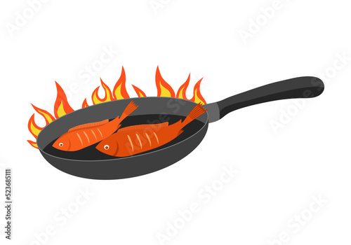 Frying fish on pan in flat design on white background. Cooking in the kitchen.