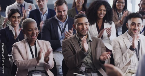 Celebrating, applause or audience clapping hands happy for a winning business at a conference. A cheerful crowd cheering at a corporate seminar or workshop event for a successful startup company