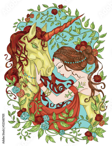 Colorful fantasy illustration with hand drawn beautiful fairy girl or princess and magic unicorn horse