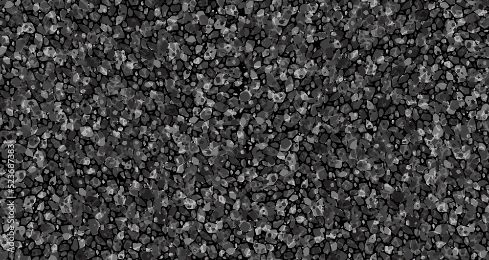 Vector black bitumen texture. Road grainy gray background. Street rock floor wallpaper. Tarmac material detail close up. Paving asphalt way. Road, highway top view. Dark stone roadway abstract tar