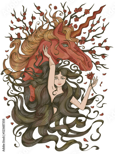 Colorful fantasy illustration with hand drawn beautiful fairy girl or princess and magic unicorn horse