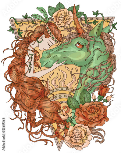 Colorful fantasy illustration with hand drawn beautiful fairy girl or princess and magic unicorn horse