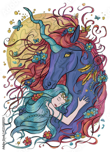 Colorful fantasy illustration with hand drawn beautiful fairy girl or princess and magic unicorn horse