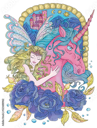 Colorful fantasy illustration with hand drawn beautiful fairy girl or princess and magic unicorn horse