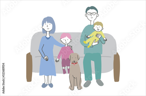 ソファに座る家族　ペット　イラスト