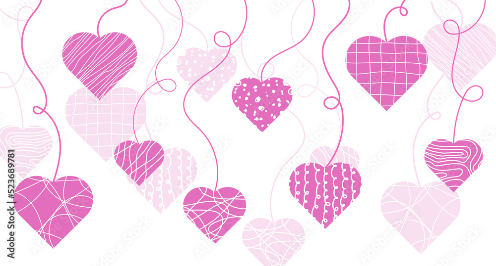 Cute hand drawn doodle hearts horizontal seamless pattern, romantic background. Background with cute hand drawn hearts. Mother's Day and Women's Day. Transparent background. Illustration