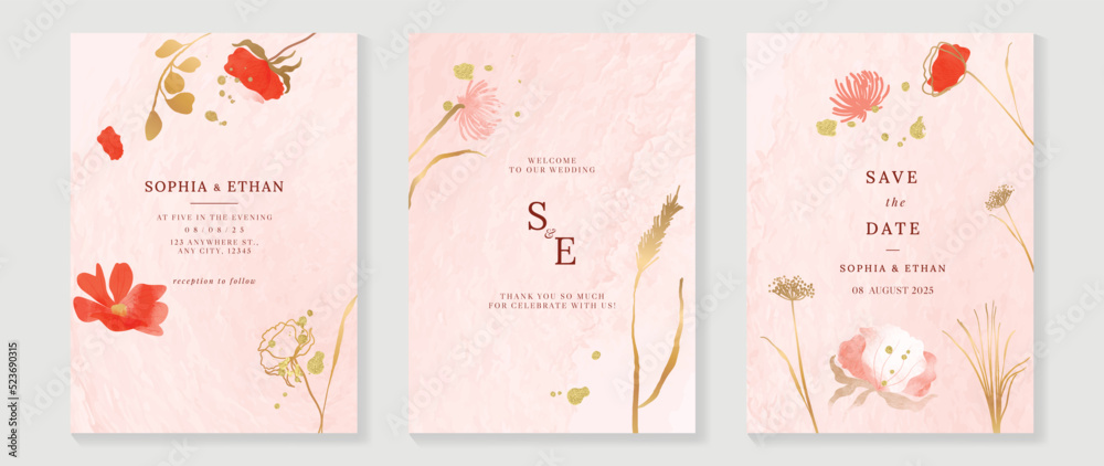 Luxury botanical wedding invitation card template. Watercolor card with eucalyptus, leaves branches, foliage, wildflowers. Elegant blossom vector design suitable for banner, cover, invitation