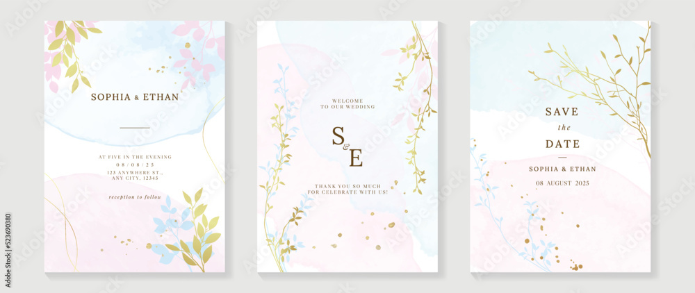 Luxury botanical wedding invitation card template. Watercolor card with pink and blue color, leaves branches, foliage, trees. Elegant blossom vector design suitable for banner, cover, invitation.