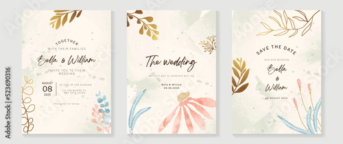 Luxury botanical wedding invitation card template. Watercolor card with eucalyptus, leaves branches, foliage, wildflowers. Elegant blossom vector design suitable for banner, cover, invitation.