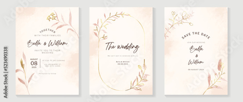 Luxury botanical wedding invitation card template. Watercolor card with eucalyptus, leaves branches, foliage, wildflowers. Elegant blossom vector design suitable for banner, cover, invitation. © TWINS DESIGN STUDIO