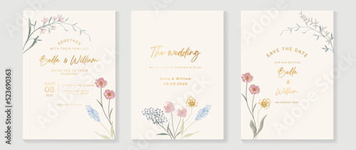 Luxury botanical wedding invitation card template. Watercolor card with eucalyptus, leaves branches, foliage, wildflowers. Elegant blossom vector design suitable for banner, cover, invitation.