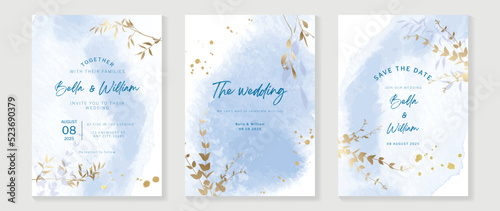Luxury botanical wedding invitation card template. Watercolor card with blue color, leaves branches, foliage, trees. Elegant blossom vector design suitable for banner, cover, invitation.