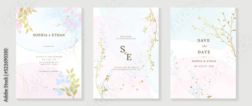 Luxury botanical wedding invitation card template. Watercolor card with pink and blue color, leaves branches, foliage, trees. Elegant blossom vector design suitable for banner, cover, invitation.
