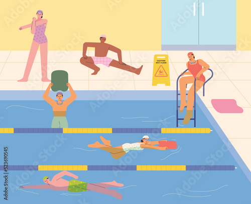 People are swimming in an indoor pool. flat design style vector illustration.