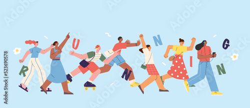 People of various styles are running together, and the RUNNING alphabet is seen among the people. flat design style vector illustration.