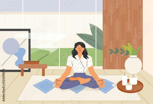 A woman is sitting in the living room and meditating. flat design style vector illustration.