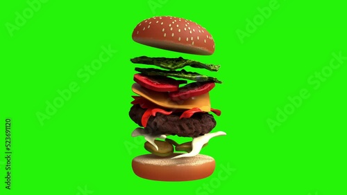 Animated 360 degree rotating Burger with separate Fast food Concept on Black background. 3D rendering Green Screen.