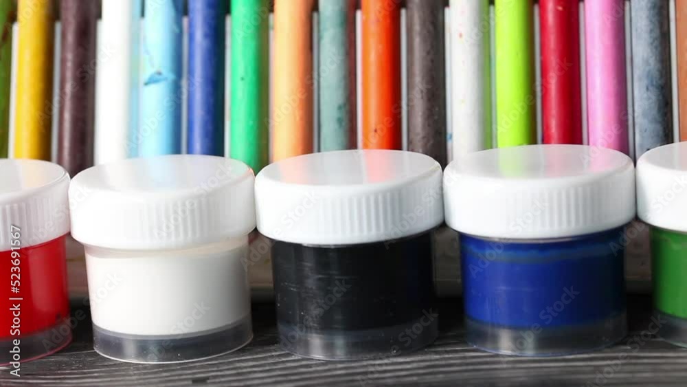 Gouache and pastel for drawing. Slider camera. Close-up. Gouache and pastel for drawing. Slider camera. Close-up.