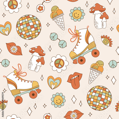 Seamless pattern retro 1970s hippie. Psychedelic groove elements. Background with roller skate, mushrooms in vintage style. Illustration with positive symbols for wallpaper, fabric, textiles. Vector