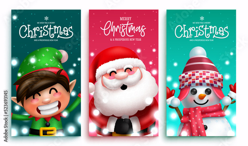 Christmas character greeting vector poster set. Merry christmas text collection with santa claus, snowman and elf cute characters for xmas characters messages. Vector illustration.
