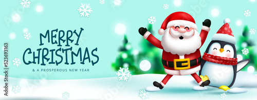 Christmas character greeting vector design. Merry christmas text with santa claus and penguin playing in snow outdoor for xmas characters messages. Vector illustration.
