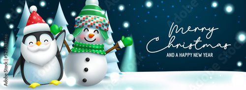 Christmas character greeting vector design. Merry christmas text with cute snowman and penguin characters in winter eve for xmas holiday season messages. Vector illustration.
