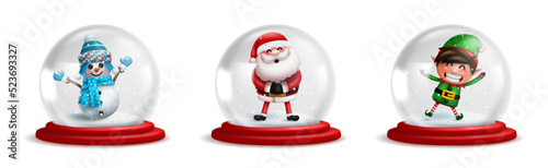 Christmas crystal ball vector set. 3d realistic snow balls with characters of santa claus, snow man and elf for xmas decoration and character collection design. Vector illustration.
