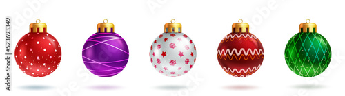 Christmas balls vector set design. 3d realistic xmas decoration balls with creative patterns and colors of red, green and purple for colorful xmas ornament collection. Vector illustration. 

