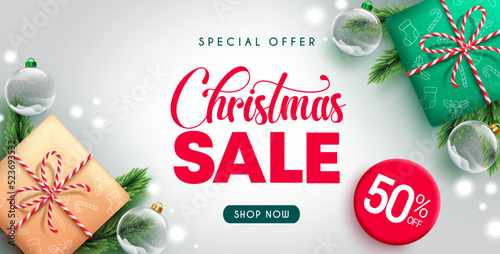 Christmas sale vector design. Christmas sale text with special offer up to 50% off shopping discount with gifts and crystal ball elements for xmas holiday celebration promotion. Vector illustration.
