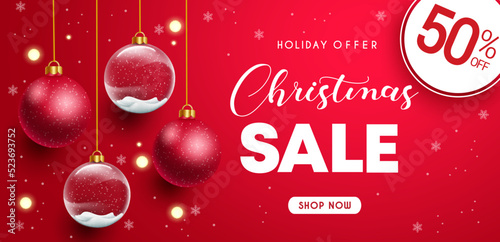 Christmas sale vector design. Christmas sale text holiday offer up to 50% off with xmas balls elements for holiday season celebration shopping discount. Vector illustration.
