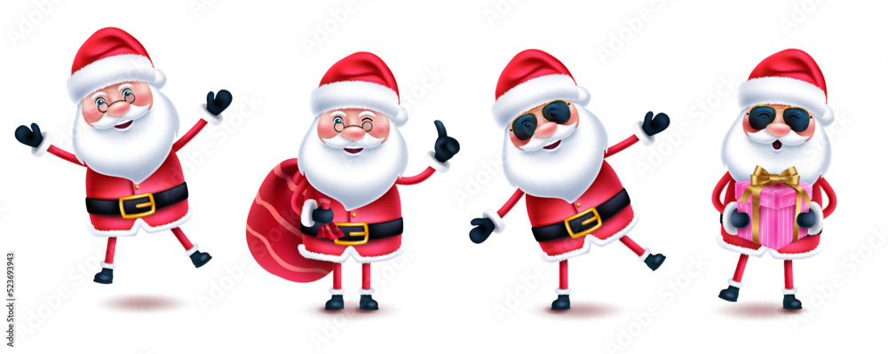 Santa claus christmas character vector set. Santa claus characters collection in 3d cute pose and gestures with gift, sunglasses and sack bag for xmas holiday design. Vector illustration.
