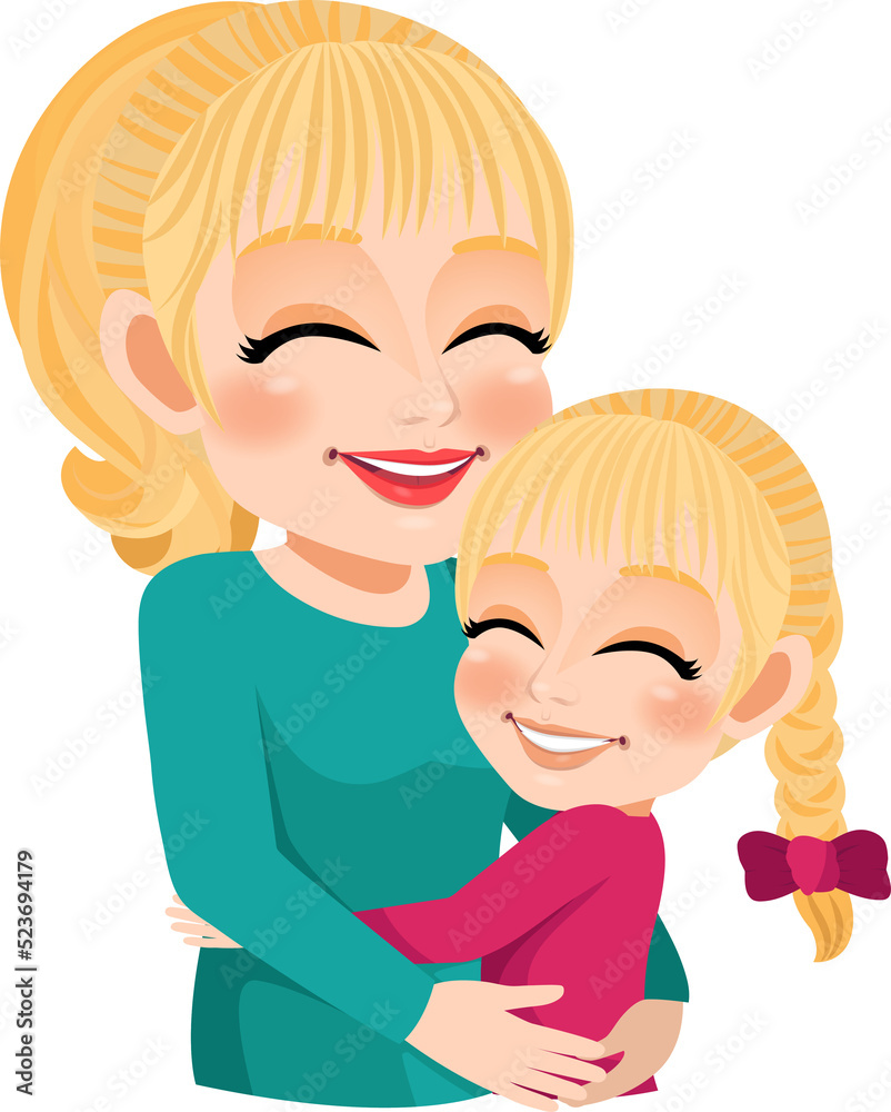 Cartoon character with Mom and daughter embrace. Mother is day concept Cartoon character with Mom and daughter embrace. Mother is day concept