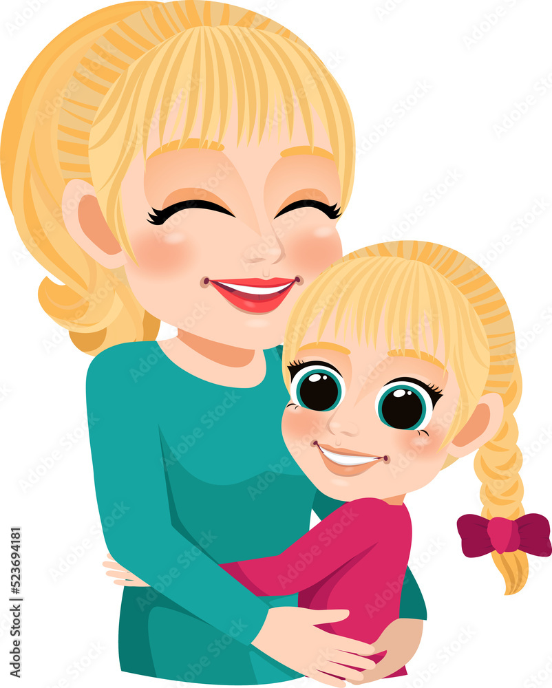 Cartoon character with Mom and daughter embrace. Mother is day concept Cartoon character with Mom and daughter embrace. Mother is day concept