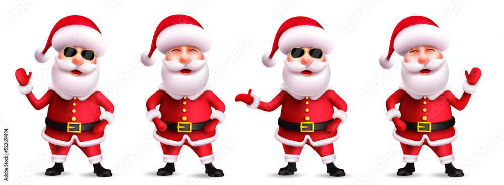 Santa claus christmas character vector set. Santa claus in 3d realistic characters with waving and friendly gestures in smiling facial expression for xmas collection design. Vector illustration.
