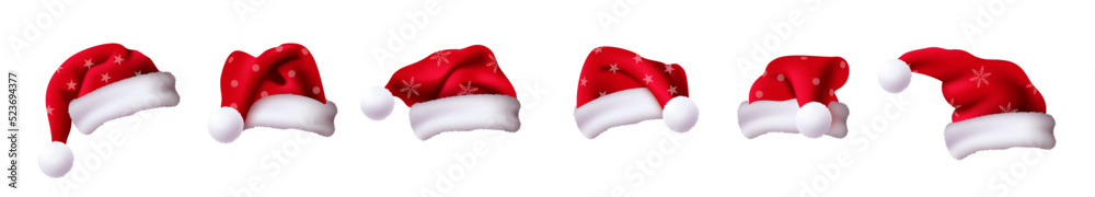 Santa claus hat vector set design. Santa 3d christmas cap elements collection with star and snow flakes pattern for xmas winter fashion costume decoration. Vector illustration.
Santa claus hat vector set design. Santa 3d christmas cap elements collection with star and snow flakes pattern for xmas winter fashion costume decoration. Vector illustration.